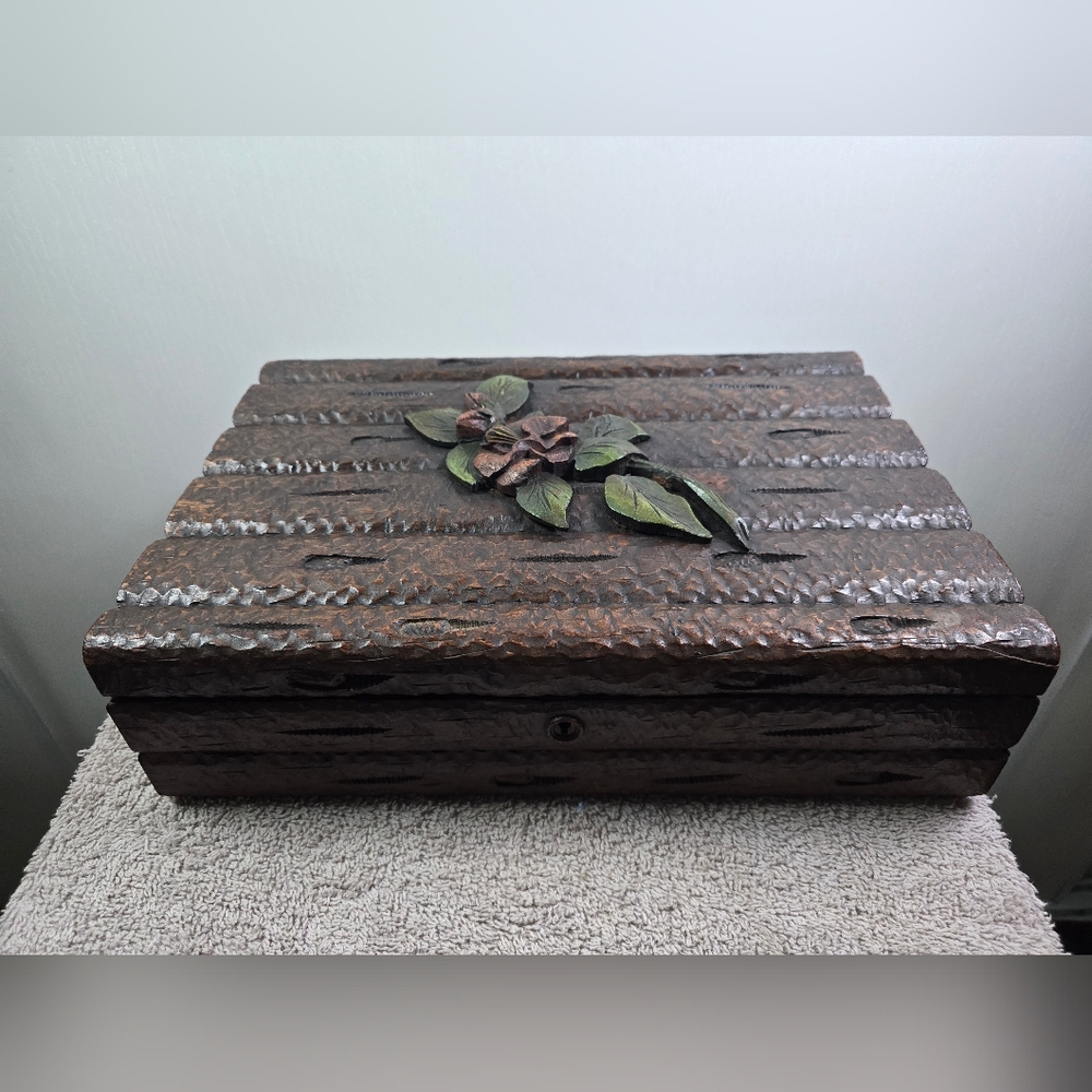 Carved Wooden Folk Art Jewelry Box with Hand Carving